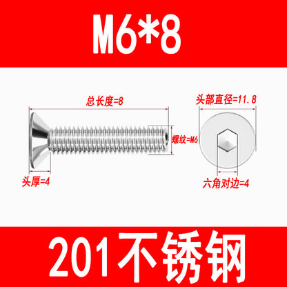 201 Stainless Steel Countersunk Head Hexagonal Screws Flat Head Screws Machine Thread Flat Cup Bolts M3M4M5M6M8M10M12