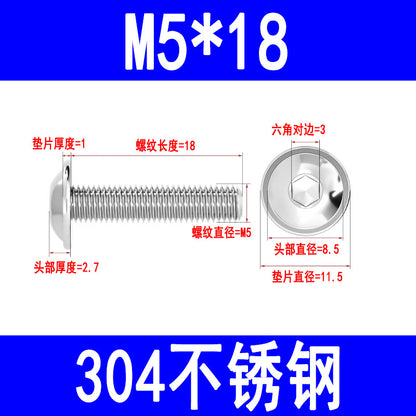 304 Stainless Steel Round Head Hex Socket Head Screws with Washers, Mushroom Head Pan Head Machine Screws M3 M4 M5 M6 M8
