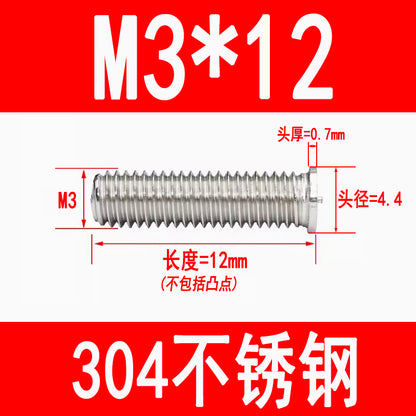 PT type 304 stainless steel welded screws, including welded studs, spot welded studs, and welded bolts (M3, M4, M5, M6, M8).