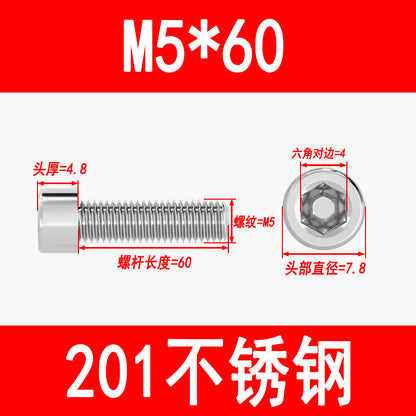Factory 201 Stainless Steel Hexagon Socket Head Screw Cup Head Bolt Cylindrical Head Screw M3M4M5M6M8M10M12M16