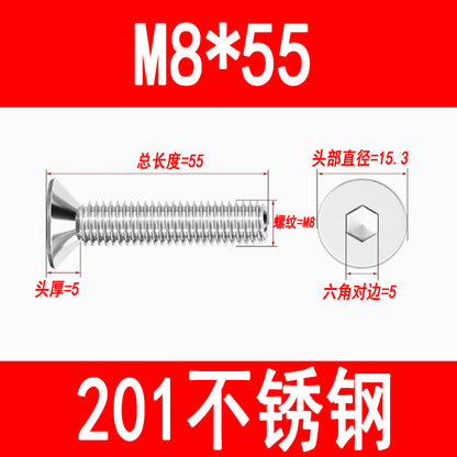 201 Stainless Steel Countersunk Head Hexagonal Screws Flat Head Screws Machine Thread Flat Cup Bolts M3M4M5M6M8M10M12