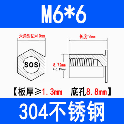 304 Stainless Steel Through-Hole Press-Fit Nut Post, Hexagonal Press-Fit Stud, Sheet Metal Press Plate Post, SOS-M3M4M5M6