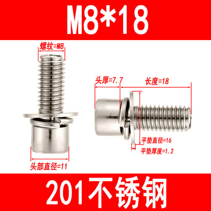 201 Stainless Steel Hexagon Combination Screws Cylindrical Head Screws with Flat Elastic Washer Bolts M3M4M5M6M8