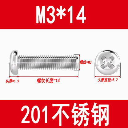 201 Stainless Steel Cross Round Head Screws Pan Head Cross Screws Machine Thread Cross Slot Screws M3M4M5M6M8