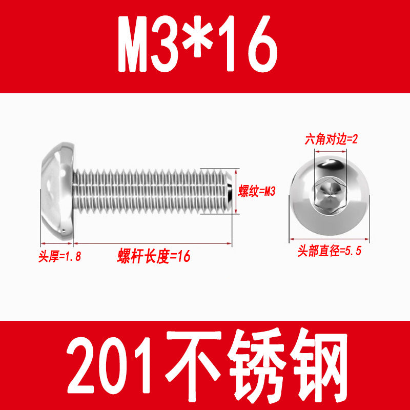 201 Stainless Steel Half-Round Head Hexagon Socket Screws Pan Head Mushroom Head Screws Round Cup Bolts M3M4M5M6M8M10