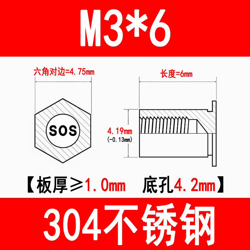 304 Stainless Steel Through-Hole Press-Fit Nut Post, Hexagonal Press-Fit Stud, Sheet Metal Press Plate Post, SOS-M3M4M5M6