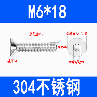 304 Stainless Steel Countersunk Hex Socket Head Screws, Flat Head Hex Socket Machine Screws, Flat Cup Bolts M3 M4 M5 M6 M8 M10