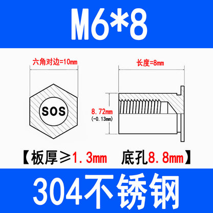 304 Stainless Steel Through-Hole Press-Fit Nut Post, Hexagonal Press-Fit Stud, Sheet Metal Press Plate Post, SOS-M3M4M5M6
