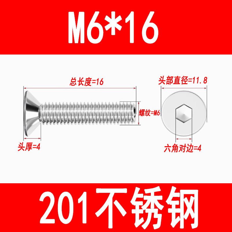 Manufacturer 201 Stainless Steel Countersunk Head Hexagonal Screws Flat Head Screws Machine Screws Flat Cup Bolts M5M6M8M10