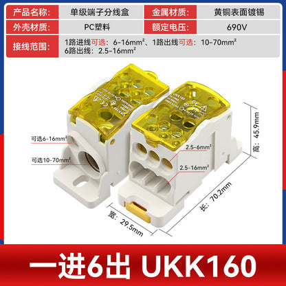 UKK80A Junction Box, One Input, Multiple Output, Rail-Mounted Type, 125A, 160A, 250A, 400A, 500A Neutral Terminal Block