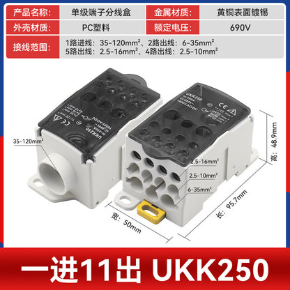 UKK80A Junction Box, One Input, Multiple Output, Rail-Mounted Type, 125A, 160A, 250A, 400A, 500A Neutral Terminal Block