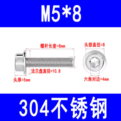 304 Stainless Steel Socket Head Flange Screws, Cylindrical Head Screws with Washers, Toothed Anti-slip Bolts M5 M6 M8 M10