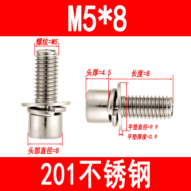 201 Stainless Steel Socket Head Cap Screws, Cylindrical Head Screws with Built-in Spring Washers, M3 M4 M5 M6 M8