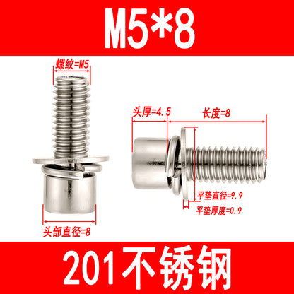 201 Stainless Steel Socket Head Cap Screws, Cylindrical Head Screws with Built-in Spring Washers, M3 M4 M5 M6 M8
