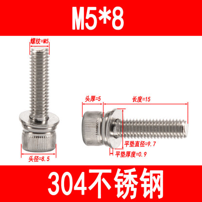 304 stainless steel cup-head socket head cap screws with flat spring washers, M3 M4 M5 M6-M12