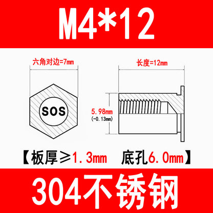 304 Stainless Steel Through-Hole Press-Fit Nut Post, Hexagonal Press-Fit Stud, Sheet Metal Press Plate Post, SOS-M3M4M5M6
