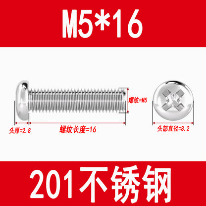 201 Stainless Steel Cross Round Head Screws Pan Head Cross Screws Machine Thread Cross Slot Screws M3M4M5M6M8