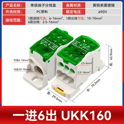 UKK80A Junction Box, One Input, Multiple Output, Rail-Mounted Type, 125A, 160A, 250A, 400A, 500A Neutral Terminal Block