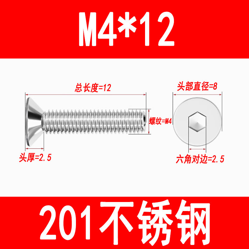 201 Stainless Steel Countersunk Head Hexagonal Screws Flat Head Screws Machine Thread Flat Cup Bolts M3M4M5M6M8M10M12