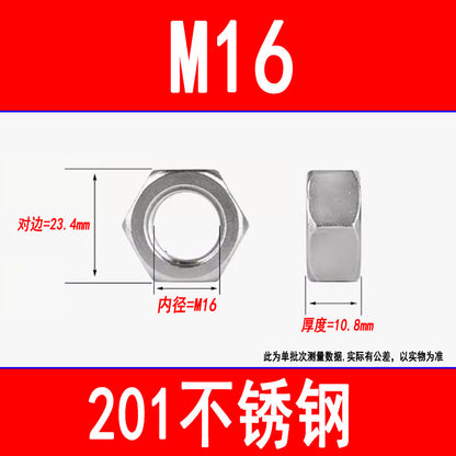 201 Stainless Steel Hexagonal Nut Screw Cap External Hexagonal Locking Nut M3M4M5M6M8M10M12M16M20