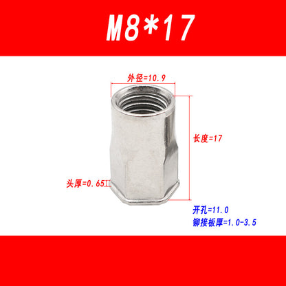 304 stainless steel small-head semi-hexagonal rivet nut, countersunk head inner and outer semi-hexagonal pull nut, pull nut, pull cap