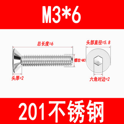 201 Stainless Steel Countersunk Head Hexagonal Screws Flat Head Screws Machine Thread Flat Cup Bolts M3M4M5M6M8M10M12