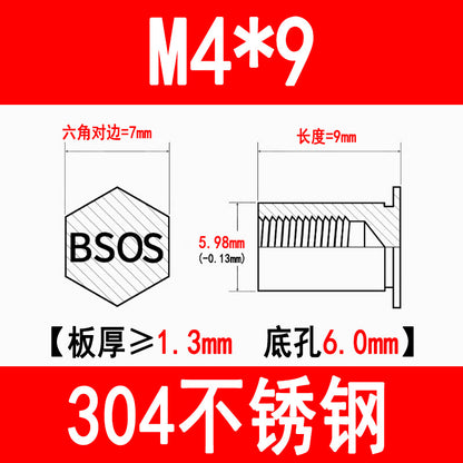 304 Stainless Steel Blind Hole Press-fit Nut Post Hexagonal Press-fit Stud Press Plate Press-fit Post BSOS-M3M4M5M6