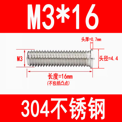 PT type 304 stainless steel welded screws, including welded studs, spot welded studs, and welded bolts (M3, M4, M5, M6, M8).