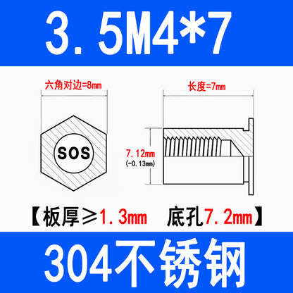 304 Stainless Steel Through-Hole Press-Fit Nut Post, Hexagonal Press-Fit Stud, Sheet Metal Press Plate Post, SOS-M3M4M5M6