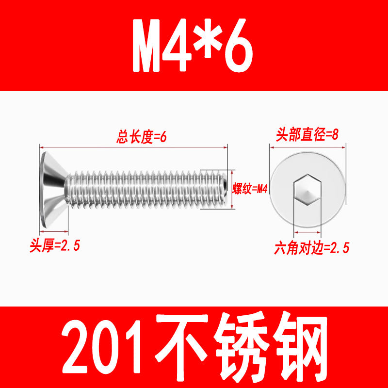 201 Stainless Steel Countersunk Head Hexagonal Screws Flat Head Screws Machine Thread Flat Cup Bolts M3M4M5M6M8M10M12