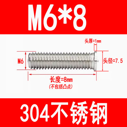 PT type 304 stainless steel welded screws, including welded studs, spot welded studs, and welded bolts (M3, M4, M5, M6, M8).