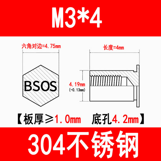 304 Stainless Steel Blind Hole Press-fit Nut Post Hexagonal Press-fit Stud Press Plate Press-fit Post BSOS-M3M4M5M6