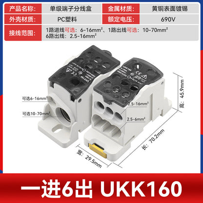 UKK80A Junction Box, One Input, Multiple Output, Rail-Mounted Type, 125A, 160A, 250A, 400A, 500A Neutral Terminal Block