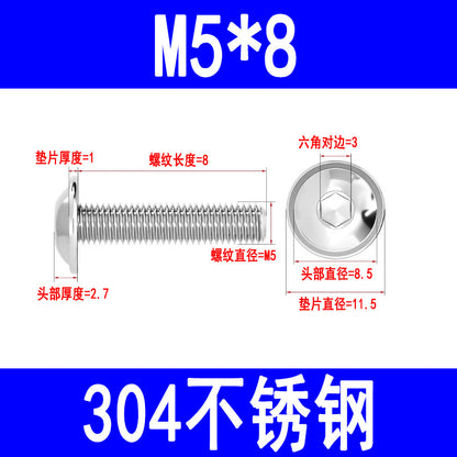 304 Stainless Steel Round Head Hex Socket Head Screws with Washers, Mushroom Head Pan Head Machine Screws M3 M4 M5 M6 M8
