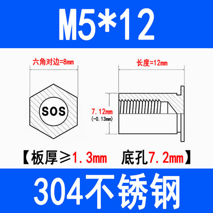 304 Stainless Steel Through-Hole Press-Fit Nut Post, Hexagonal Press-Fit Stud, Sheet Metal Press Plate Post, SOS-M3M4M5M6