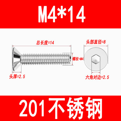 201 Stainless Steel Countersunk Head Hexagonal Screws Flat Head Screws Machine Thread Flat Cup Bolts M3M4M5M6M8M10M12