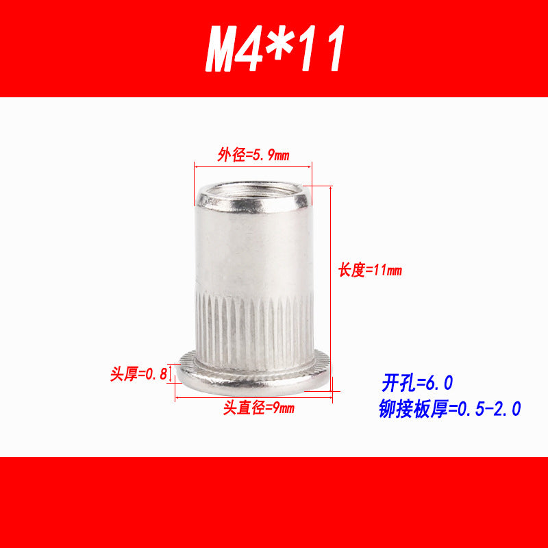 304 Stainless Steel Flat Head Rivet Nut with Vertical Thread, Column Thread, Rivet Nut, Rivet Thread ... M3, M4, M5, M6, M8, M10