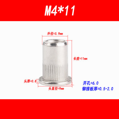 304 Stainless Steel Flat Head Rivet Nut with Vertical Thread, Column Thread, Rivet Nut, Rivet Thread ... M3, M4, M5, M6, M8, M10