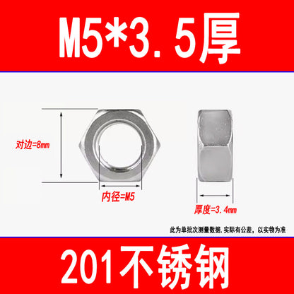 201 Stainless Steel Hexagonal Nut Screw Cap External Hexagonal Locking Nut M3M4M5M6M8M10M12M16M20