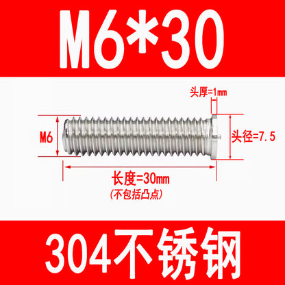 PT type 304 stainless steel welded screws, including welded studs, spot welded studs, and welded bolts (M3, M4, M5, M6, M8).