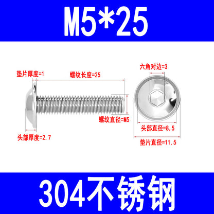304 Stainless Steel Round Head Hex Socket Head Screws with Washers, Mushroom Head Pan Head Machine Screws M3 M4 M5 M6 M8