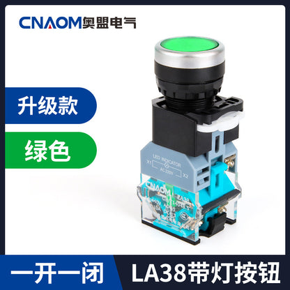 Flat-head illuminated push-button switch LA38-11D, illuminated control button LA38-11DN, self-resetting 22mm