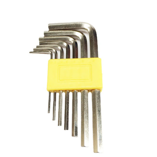 Promotional set of 7 or 9 flat-head hex wrenches and hex keys, heat-treated, quenched, hardened, and bright nickel.