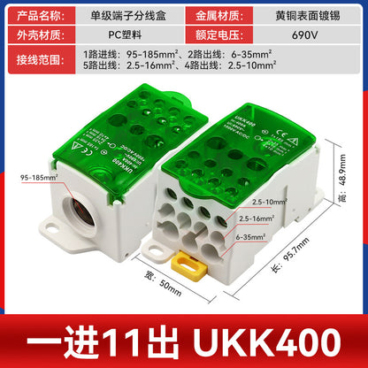 UKK80A Junction Box, One Input, Multiple Output, Rail-Mounted Type, 125A, 160A, 250A, 400A, 500A Neutral Terminal Block