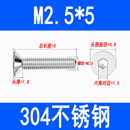 304 Stainless Steel Countersunk Hex Socket Head Screws, Flat Head Hex Socket Machine Screws, Flat Cup Bolts M3 M4 M5 M6 M8 M10