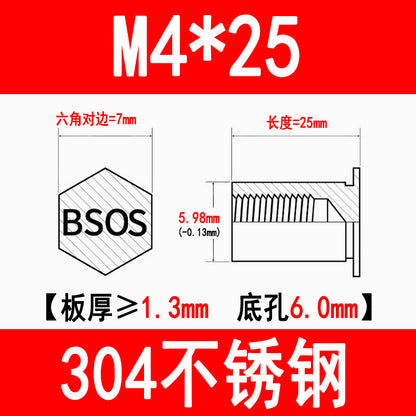 304 Stainless Steel Blind Hole Press-fit Nut Post Hexagonal Press-fit Stud Press Plate Press-fit Post BSOS-M3M4M5M6