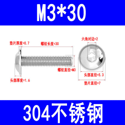 304 Stainless Steel Round Head Hex Socket Head Screws with Washers, Mushroom Head Pan Head Machine Screws M3 M4 M5 M6 M8