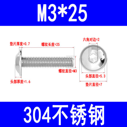 304 Stainless Steel Round Head Hex Socket Head Screws with Washers, Mushroom Head Pan Head Machine Screws M3 M4 M5 M6 M8