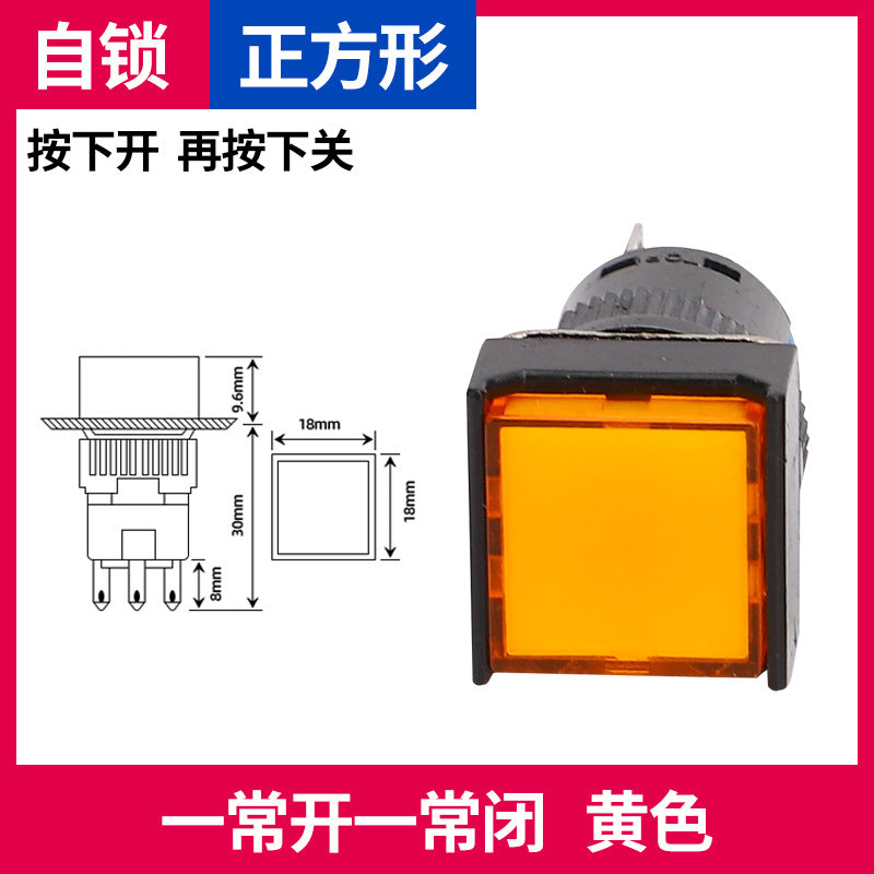 LA16Y-11 Self-resetting, self-locking, LA16-11 round 16mm mini push-button switch, square, on/off.