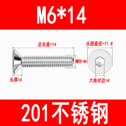 201 Stainless Steel Countersunk Head Hexagonal Screws Flat Head Screws Machine Thread Flat Cup Bolts M3M4M5M6M8M10M12